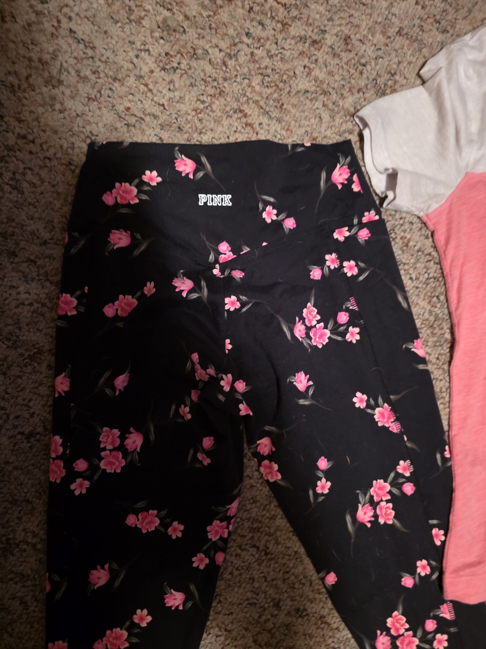 PINK Victoria's Secret Black Leggings with Pink Floral & Pink Logo Tee - Picture 3 of 6